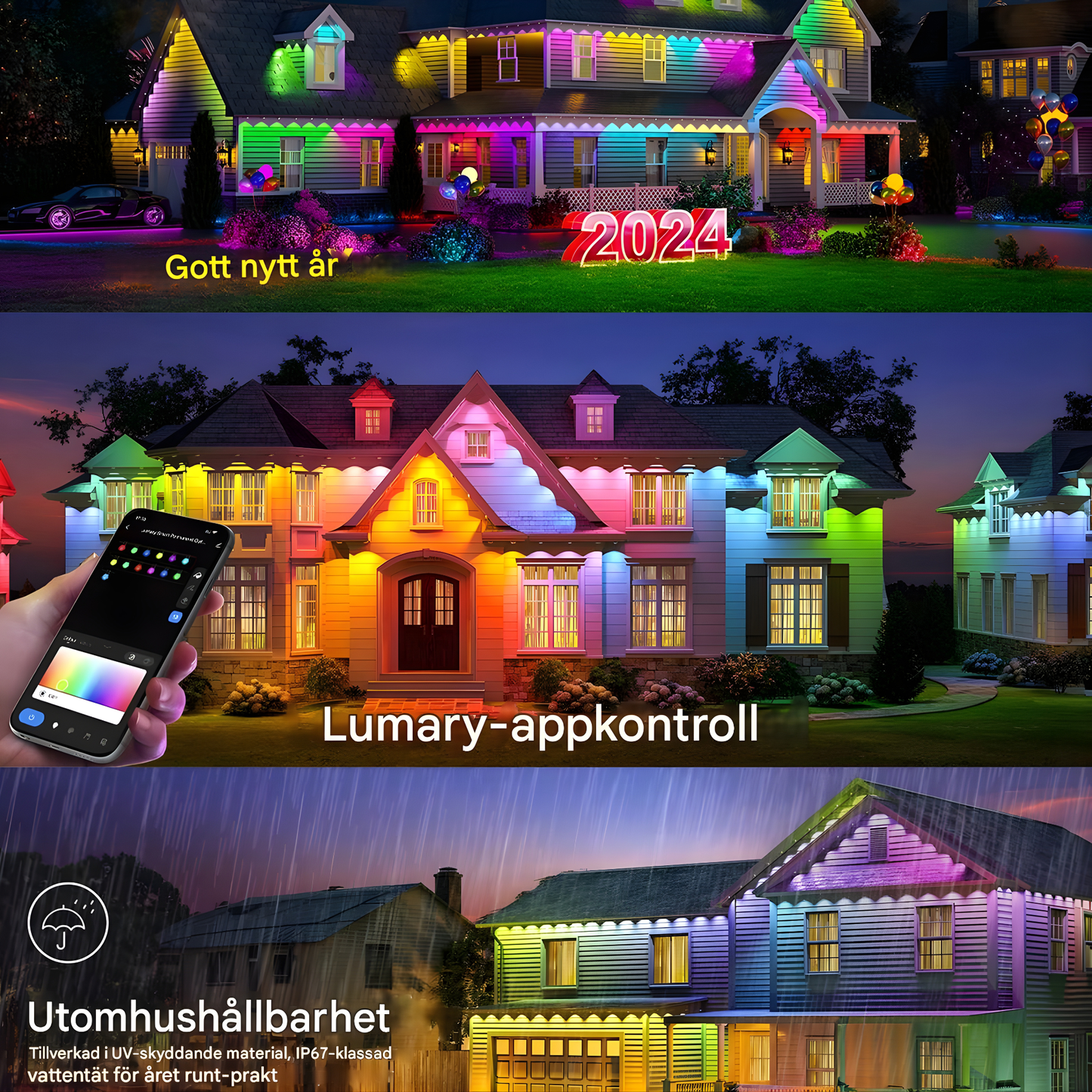 INFINITY LINE – Vattentålig 15 Meter LED-ljusslinga för Utomhusbruk med Appstyrning, 54 Scenlägen