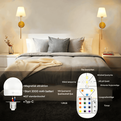 AMARA – Trådlös Vägglampa med Uppladdningsbart Batteri, Dimbart RGB-Ljus & Fjärrkontroll