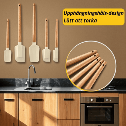 FRODE – 5-pack Silikonskrapar med Trähandtag för Bakning, Tårtor och Köksarbete