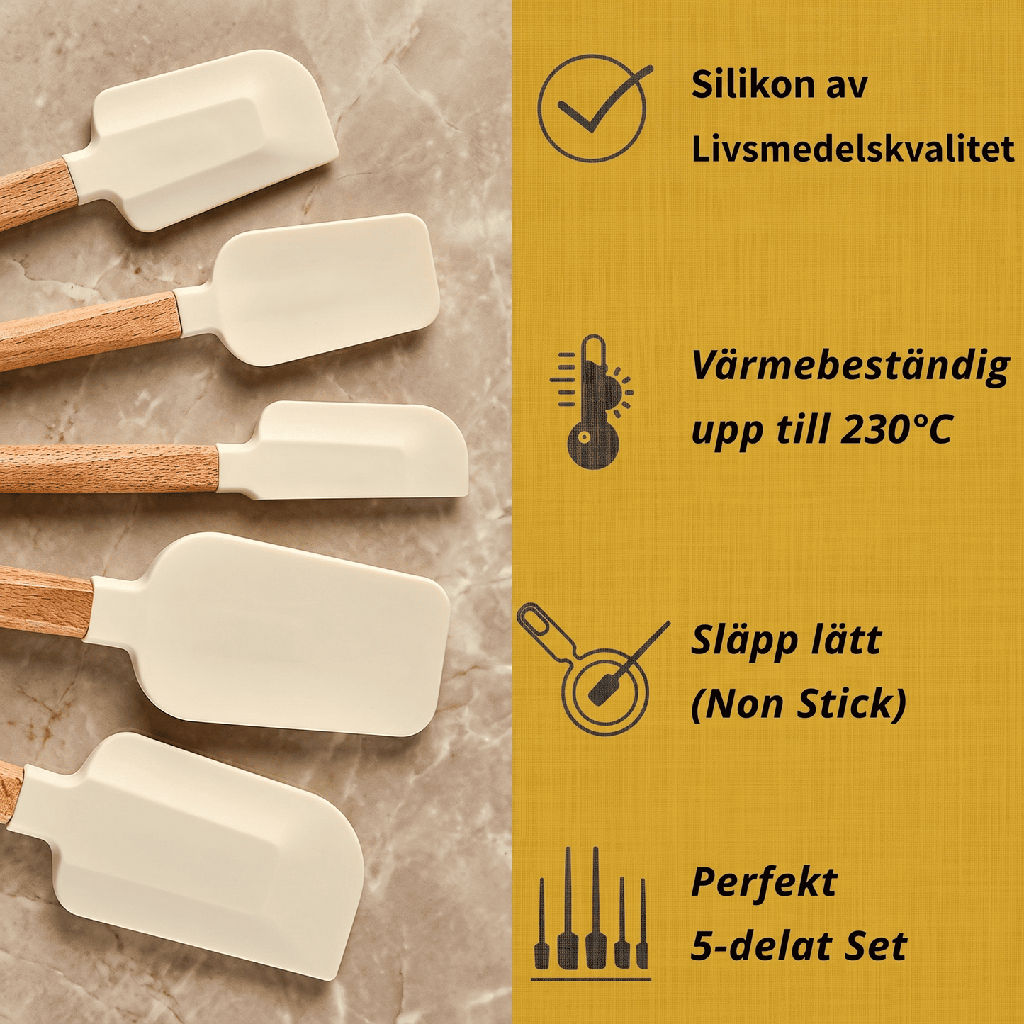 FRODE – 5-pack Silikonskrapar med Trähandtag för Bakning, Tårtor och Köksarbete