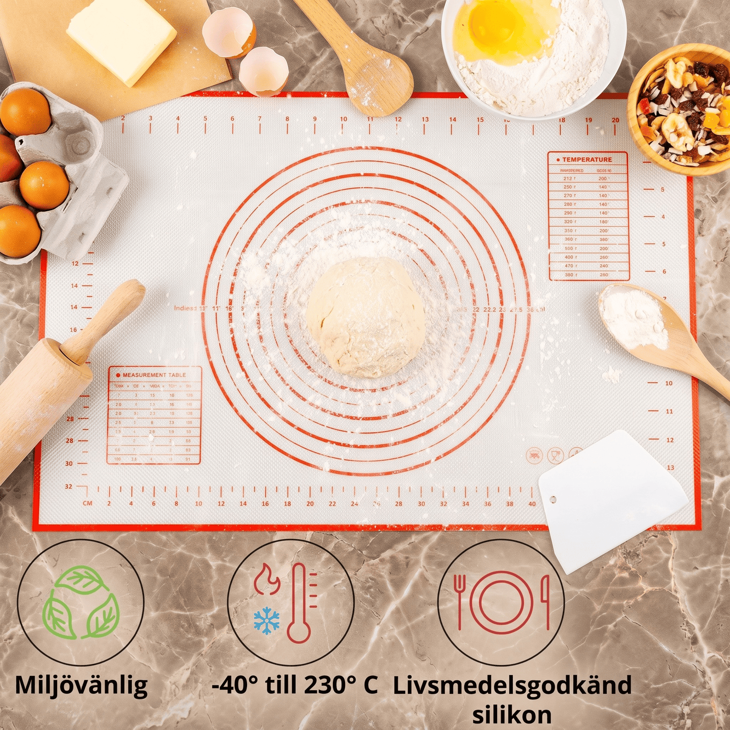 HELGE – Silikonbakmatta med Måttmarkeringar för Deg, Pizza och Bakverk – Flera Storlekar