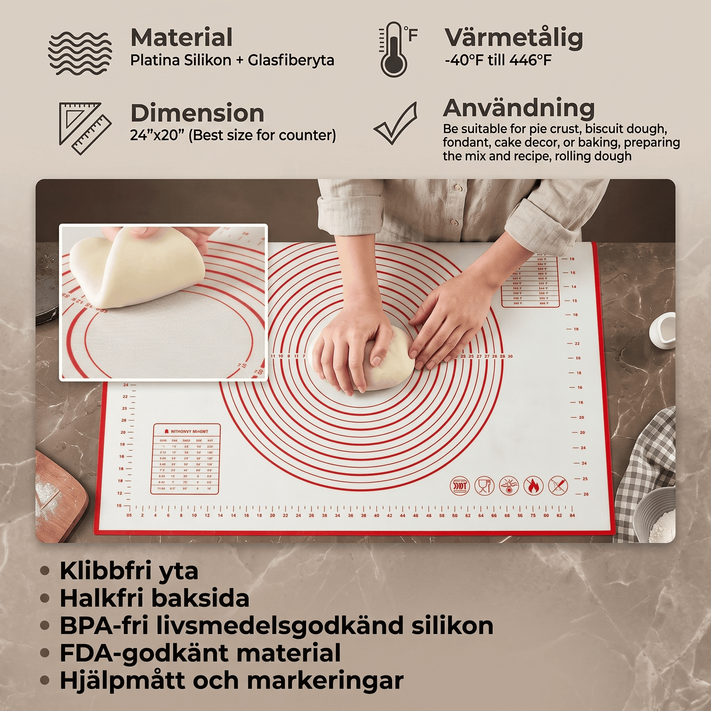 HELGE – Silikonbakmatta med Måttmarkeringar för Deg, Pizza och Bakverk – Flera Storlekar