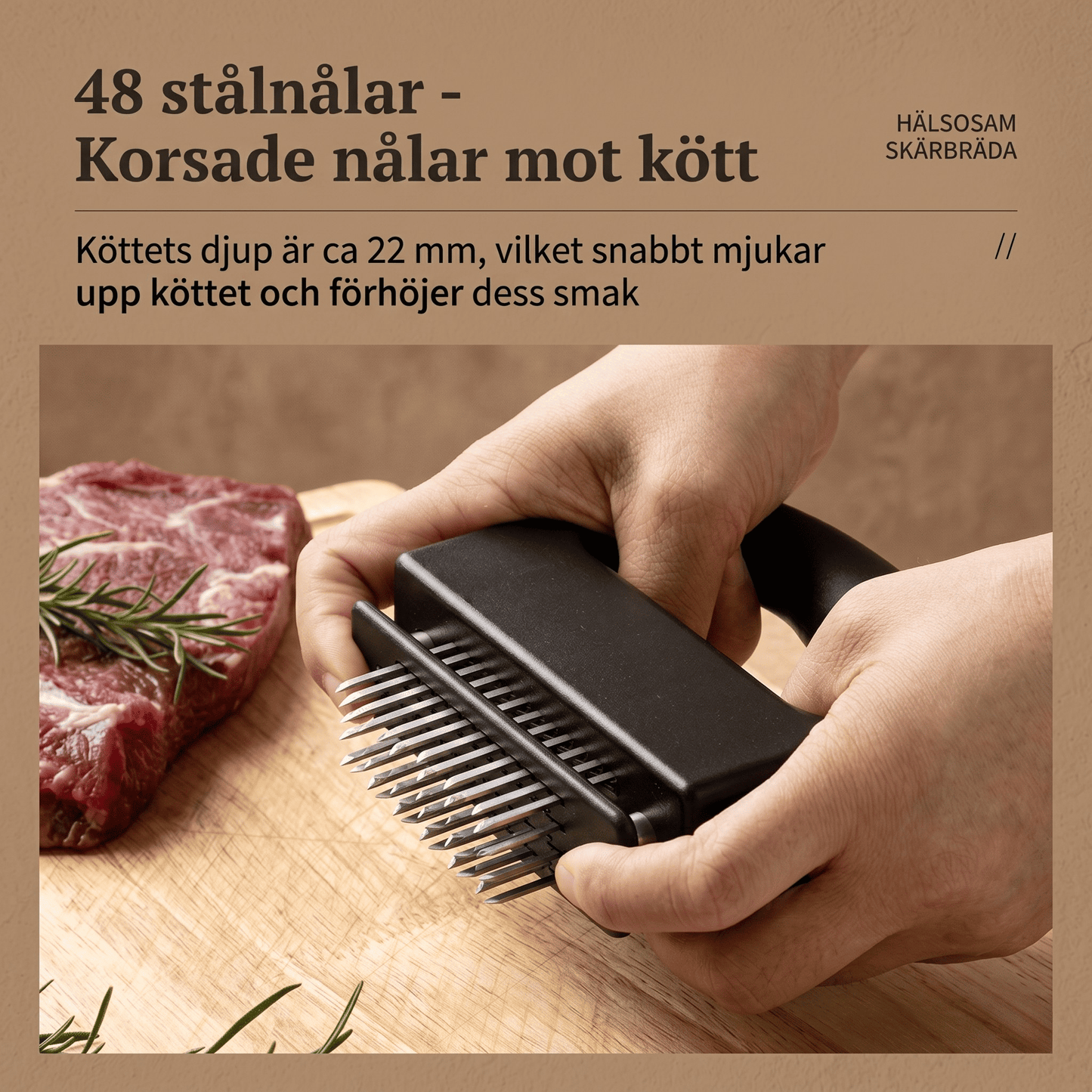HOLGER – Köttmörare med 48 Nålar och Automatiskt Fjäderbackslag – Snabb Mörning av Biff, Fläsk och Kyckling