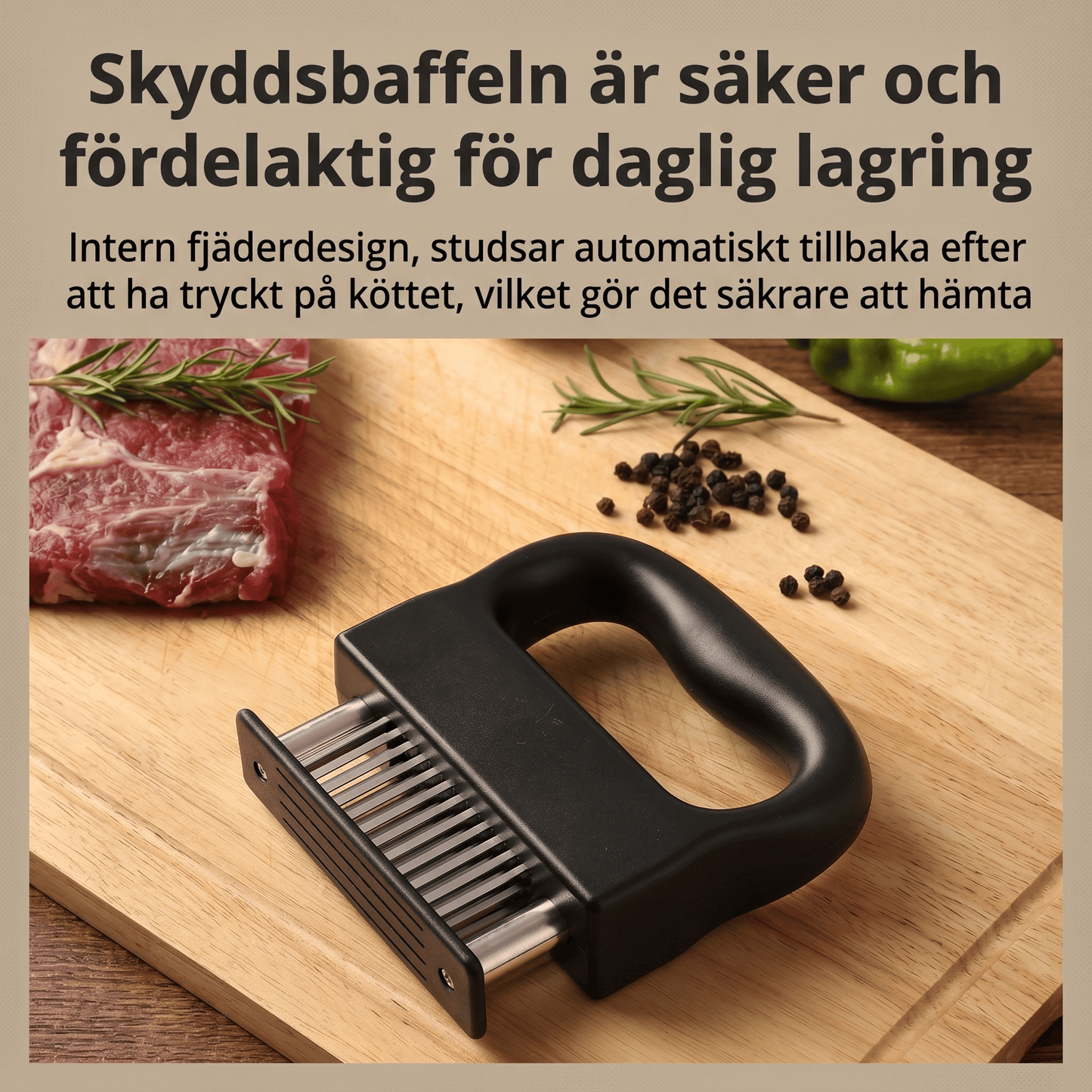 HOLGER – Köttmörare med 48 Nålar och Automatiskt Fjäderbackslag – Snabb Mörning av Biff, Fläsk och Kyckling