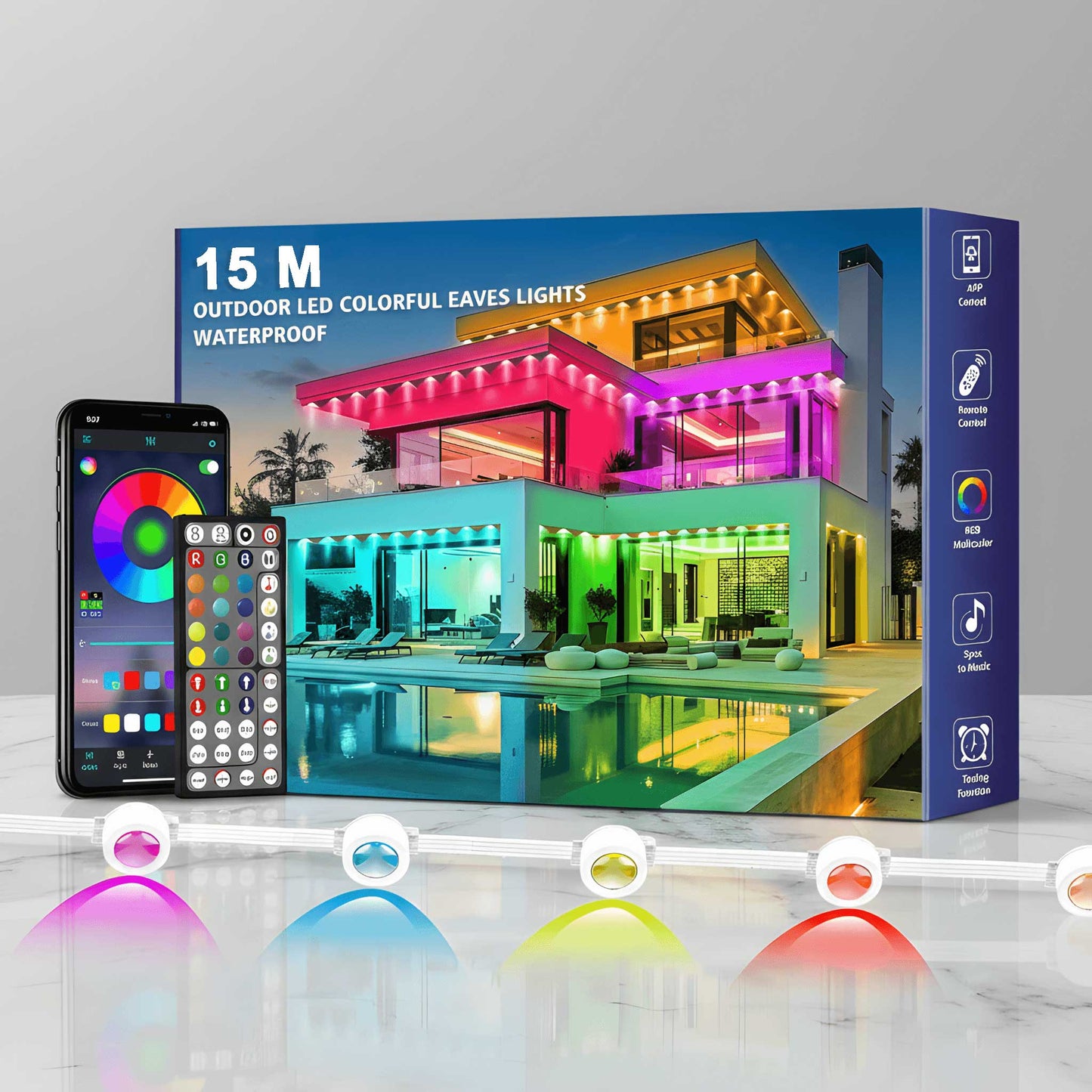 INFINITY LINE – Vattentålig 15 Meter LED-ljusslinga för Utomhusbruk med Appstyrning, 54 Scenlägen